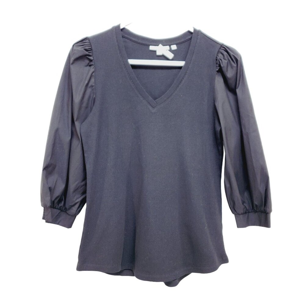 Chicos blouse top Black V-Neck Puff Sleeve Womns  Size S three quarter Sleeve